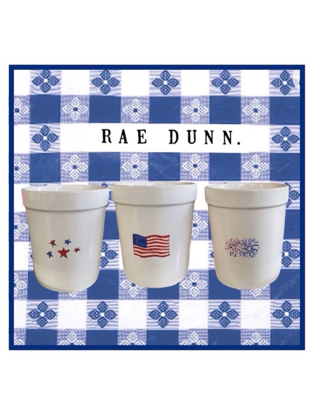 Rae Dunn Ceramic Crock Trio Set with
July 4th Patriotic Graphic Motifs